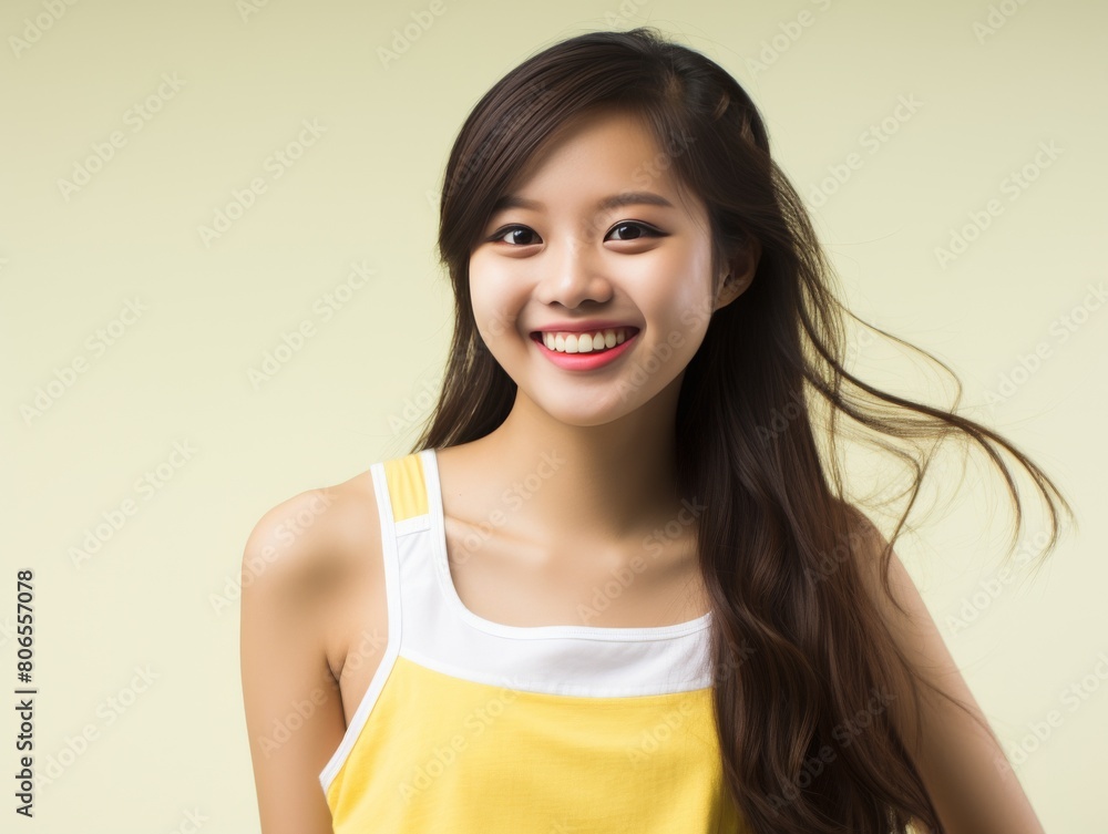 A woman with long hair is smiling and wearing a yellow tank top