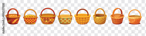 Wicker basket. Cartoon wicker baskets, picnic basket, empty gift hamper. Wicker basket set with isolated images of wooden baskets, Wicker basket vector realistic set icon.