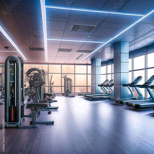 A stunning 3D render of a futuristic gym, filled with state-of-the-art equipment and sleek design elements