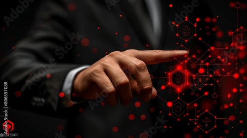 Close-up of businessmans hand in suit pressing high-tech buttons on virtual futuristic background