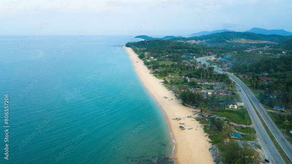 Aerial drone view of beach scenery at Pantai Batu Pelanduk, Dungun, Terengganu, Malaysia Aerial drone view of beach scenery at Pantai Batu Pelanduk, Dungun, Terengganu, Malaysia