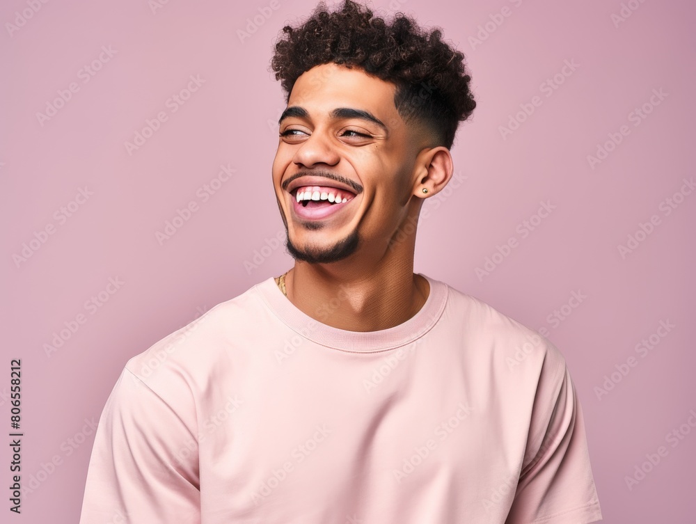 A man with a beard and mustache is smiling and wearing a pink shirt A man with a beard and mustache is smiling and wearing a pink shirt