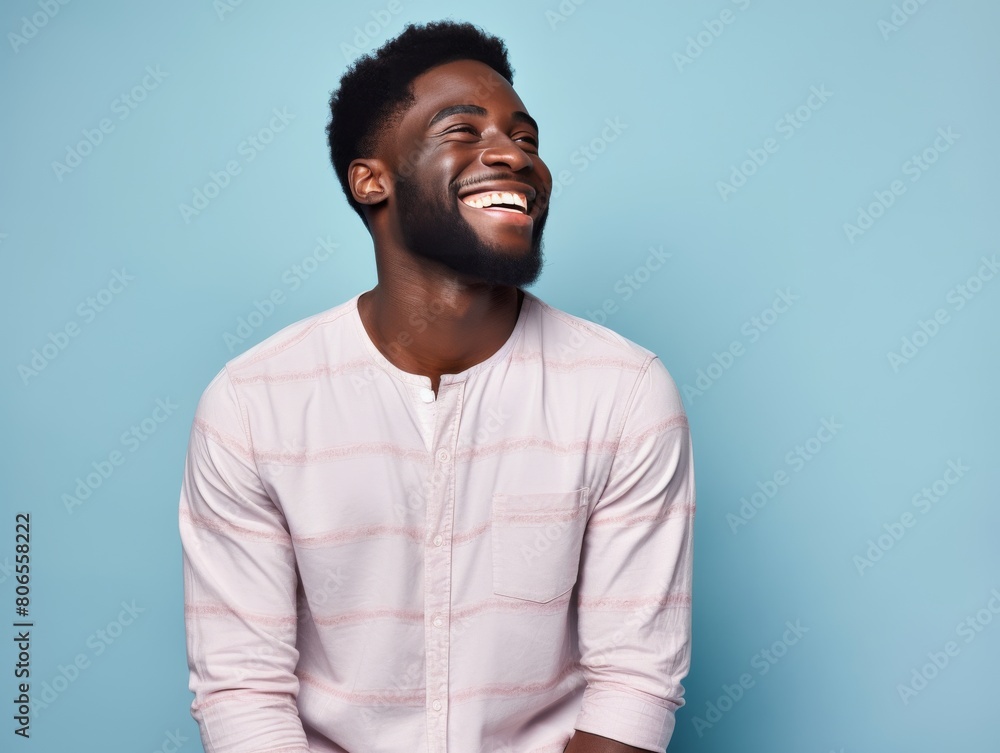 Obraz premium A smiling man in a white shirt is sitting on a blue background