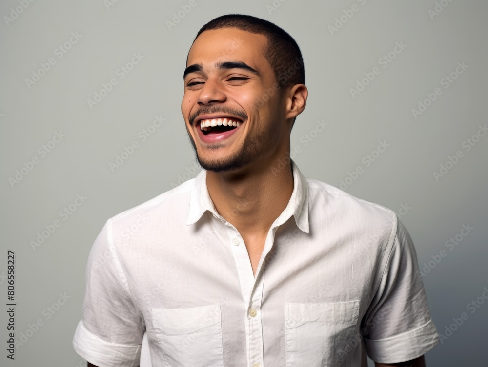 A smiling man in a white shirt is sitting on a blue background A smiling man in a white shirt is sitting on a blue background