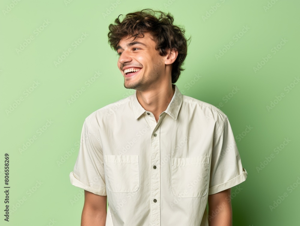 A man with a smile on his face is wearing a white shirt