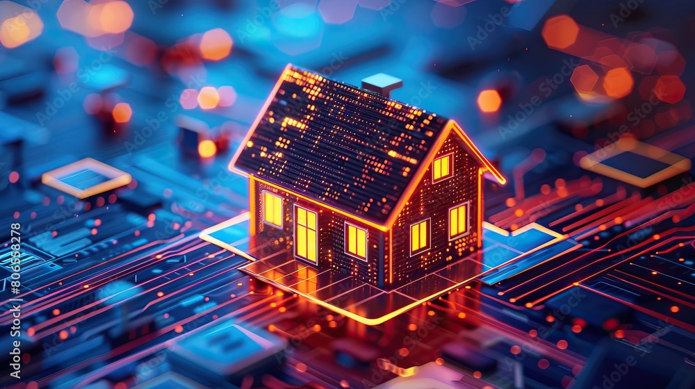 Illuminated digital house on a complex circuit board symbolizing smart home technology Illuminated digital house on a complex circuit board symbolizing smart home technology