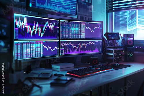 Exchange rate graphs on a financial analyst s dual screens, 4K realistic, focused workspace