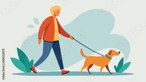 A person taking their elderly dog for a slow and leisurely walk stopping to give them plenty of breaks and snuggles along the way..