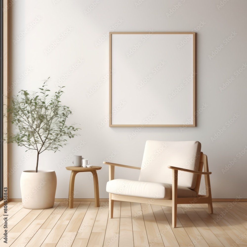 Light and airy minimalist interior with a frame mockup on a soft beige wall, near a pale wooden chair. Light and airy minimalist interior with a frame mockup on a soft beige wall, near a pale wooden chair.