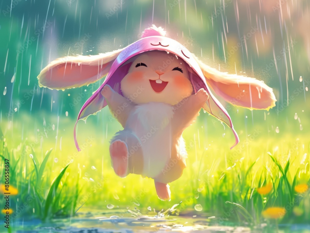 Cartoon illustration of a happy bunny in a pink rain hat, jumping with ...