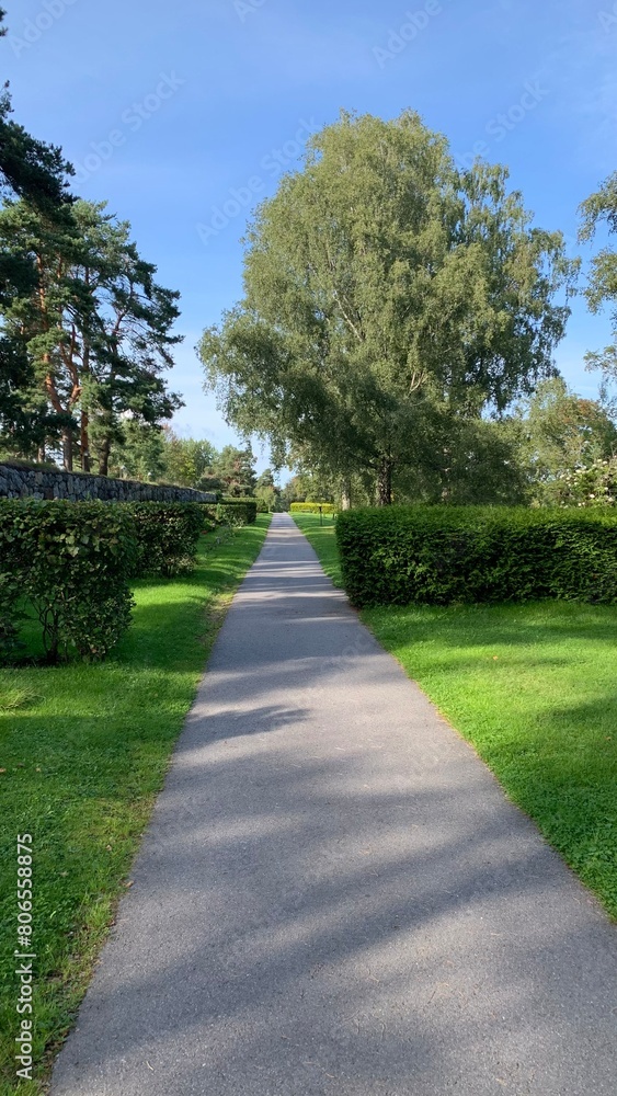 Long straight walking path surrounded by sky ,trees and bushes. Long straight walking path surrounded by sky ,trees and bushes.