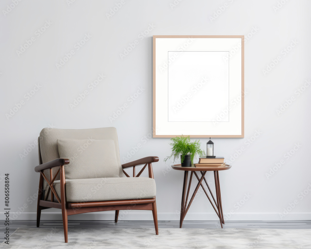 Frame mockup on a white wall in a bright room, accented by minimalist furniture and a clear aesthetic, Frame mockup on a white wall in a bright room, accented by minimalist furniture and a clear aesthetic,