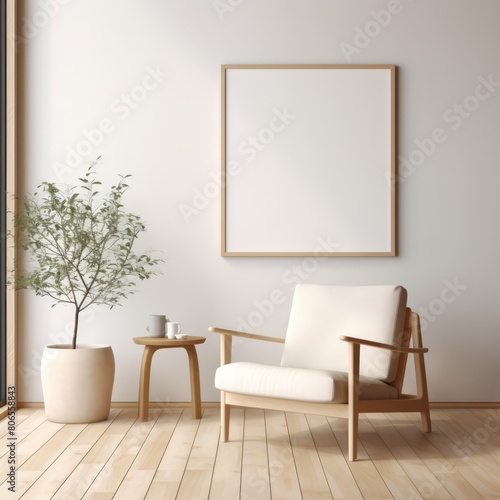Light and airy minimalist interior with a frame mockup on a soft beige wall, near a pale wooden chair.