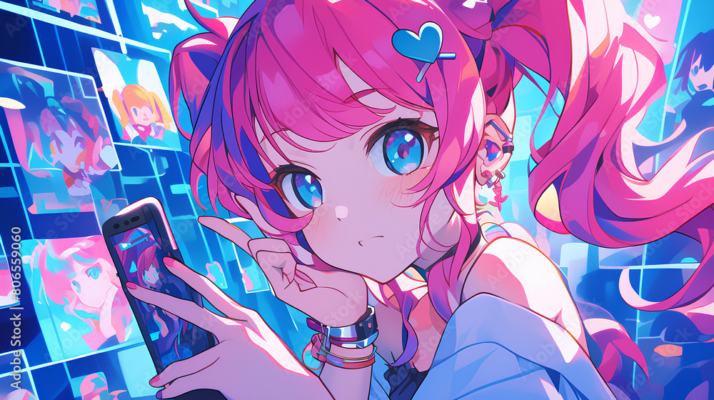 anime girl playing social media. like and love icons floating. anime style background anime girl playing social media. like and love icons floating. anime style background
