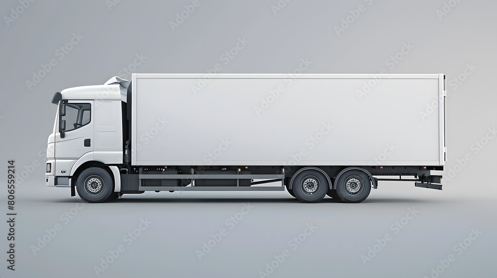 A white truck with a blank side box for a mockup design isolated on a light grey background A white truck with a blank side box for a mockup design isolated on a light grey background