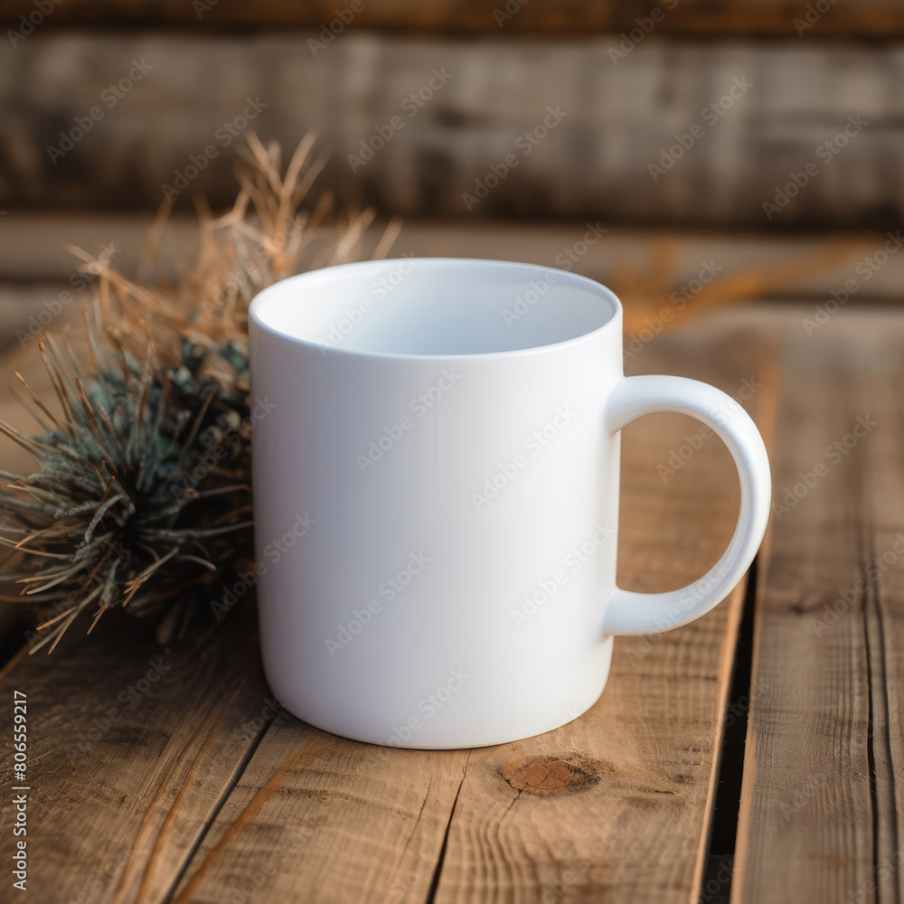 White coffee mug mockup placed against a detailed wood grain background, enhancing the natural element in product photography. White coffee mug mockup placed against a detailed wood grain background, enhancing the natural element in product photography.