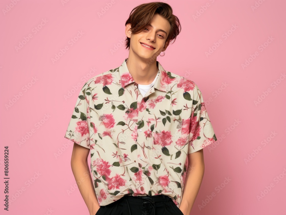 A young man is wearing a floral shirt and smiling A young man is wearing a floral shirt and smiling