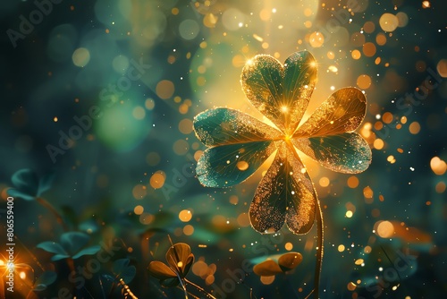 glowing four-leaf clover with sparkles around it, representing a burst of luck and opportunity photo