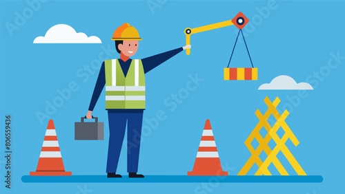 A worker using hand signals and a set of cones to direct the crane operator and ensure the load is being p within a specific area.. Vector illustration