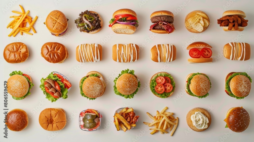 A tempting array of fast food classics, from sandwiches to fries, neatly arranged on a pristine white background A tempting array of fast food classics, from sandwiches to fries, neatly arranged on a pristine white background
