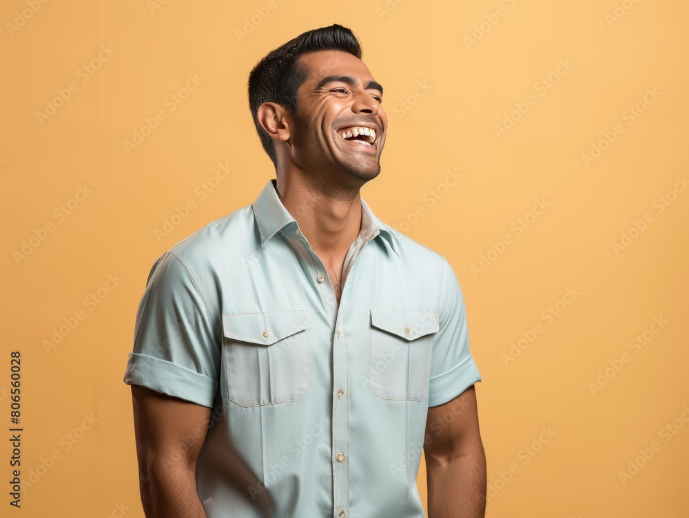 A man with a smile on his face is wearing a blue shirt A man with a smile on his face is wearing a blue shirt