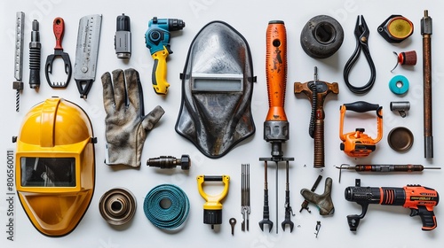 a collection of welding tools, such as a welding mask, gloves, welding torch, electrode holder, ground clamp, angle grinder, safety goggles, slag hammer, chipping hammer, and wire brush photo