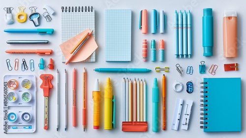 a variety of stationery items, each arranged in a symmetrical grid on a white background Include essentials like pens, pencils, highlighters, paper clips, staplers, notebooks, and rulers