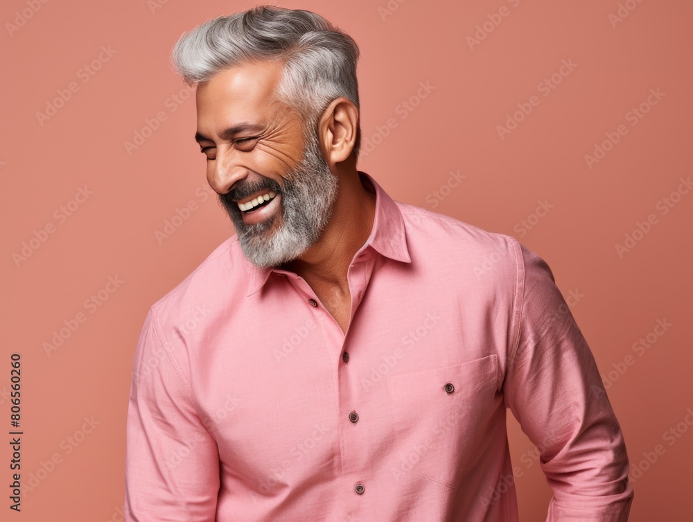 Obraz premium A man with a big smile on his face is wearing a pink shirt