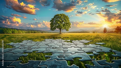 Piece of Puzzle Completing a Large Landscape Depict a large, beautiful landscape puzzle that is nearly complete, with a single puzzle piece ready to be placed photo