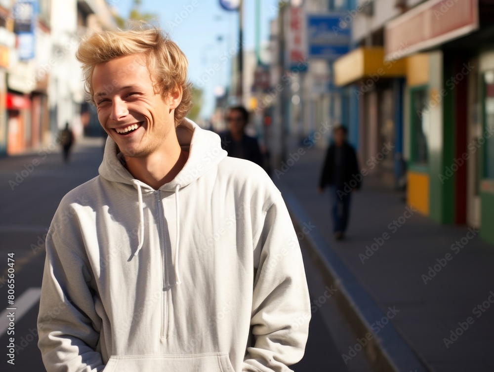 A smiling man wearing a white hoodie is standing on a city street A smiling man wearing a white hoodie is standing on a city street