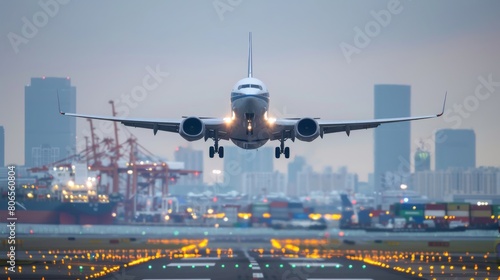 A plane is taking off from the runway at an airport with a city in the background.