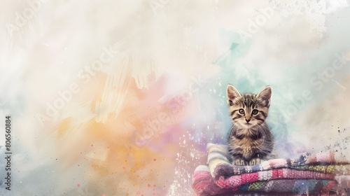 Adorable Kitten Perched on Fluffy Blanket Surveying Whimsical Watercolor Setting