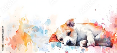 Adorable Puppy Playfully Chewing Rawhide Bone on Vibrant Watercolor Bed Background