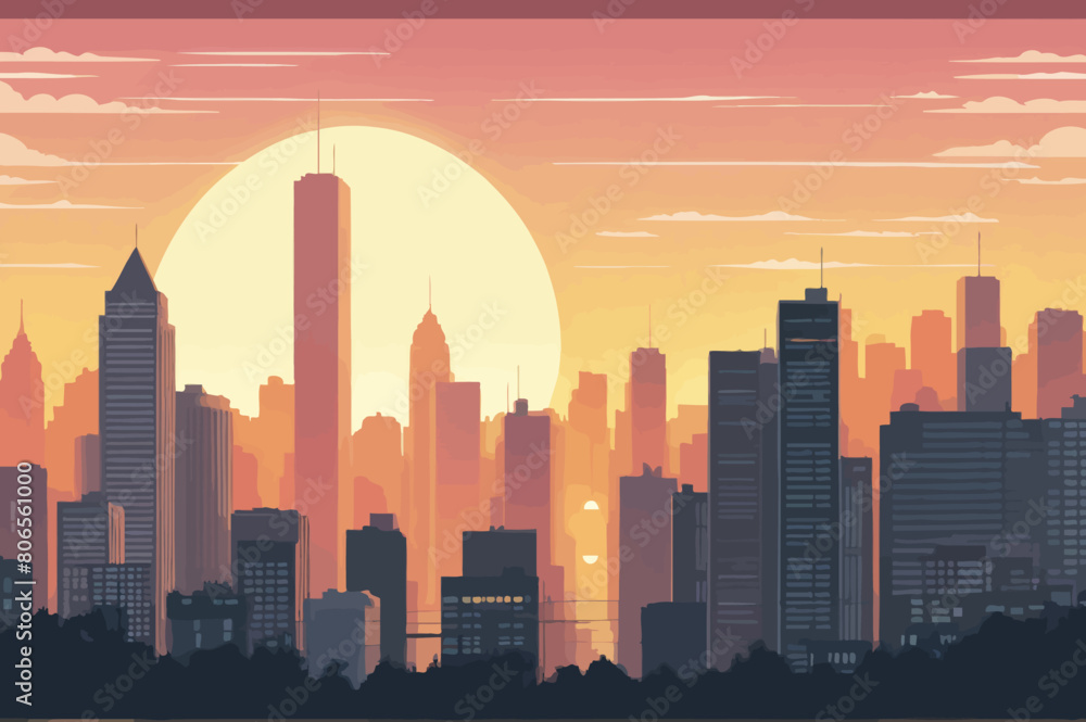 a cityscape with a sunset in the background