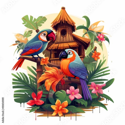Two colorful parrots are perched on a wooden birdhouse in a lush tropical garden © Withheart