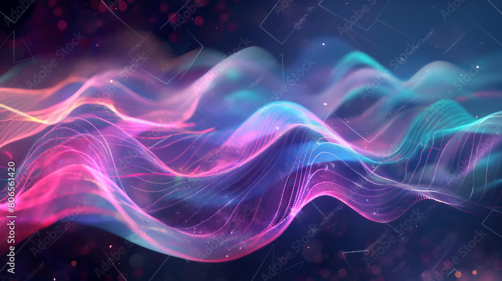 A vibrant, dynamic digital artwork featuring flowing abstract waves of pink and blue light with a particle and star-like background, creating a sense of motion and energy.