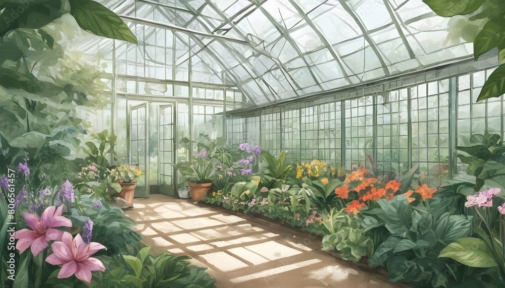 An Illustration Of A Serene Botanical Greenhouse