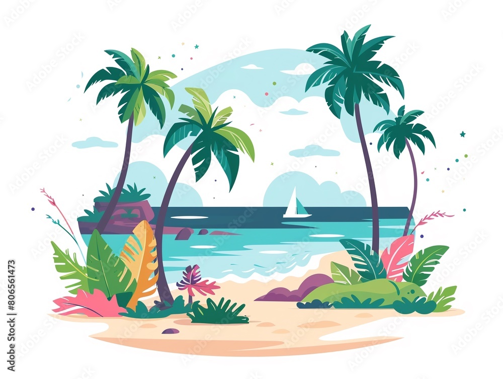 A tropical beach scene with palm trees and a boat in the water