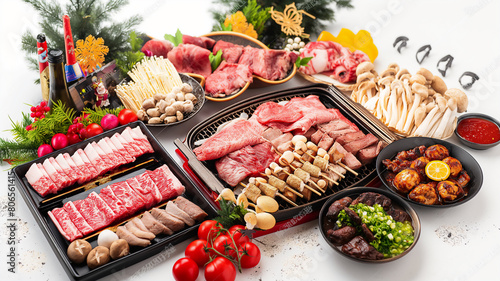 A festive table setting featuring an array of beautifully arranged Japanese Yakiniku; various cuts of meats, mushrooms, and traditional garnishes create a vibrant culinary scene.
