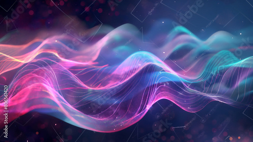 A vibrant, dynamic digital artwork featuring flowing abstract waves of pink and blue light with a particle and star-like background, creating a sense of motion and energy. © Ritthichai