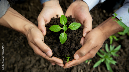 A close-up image of diverse hands nurturing a small green plant with vibrant leaves in rich soil, symbolizing growth and teamwork in nature.