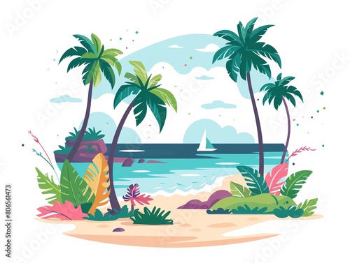 A tropical beach scene with palm trees and a boat in the water