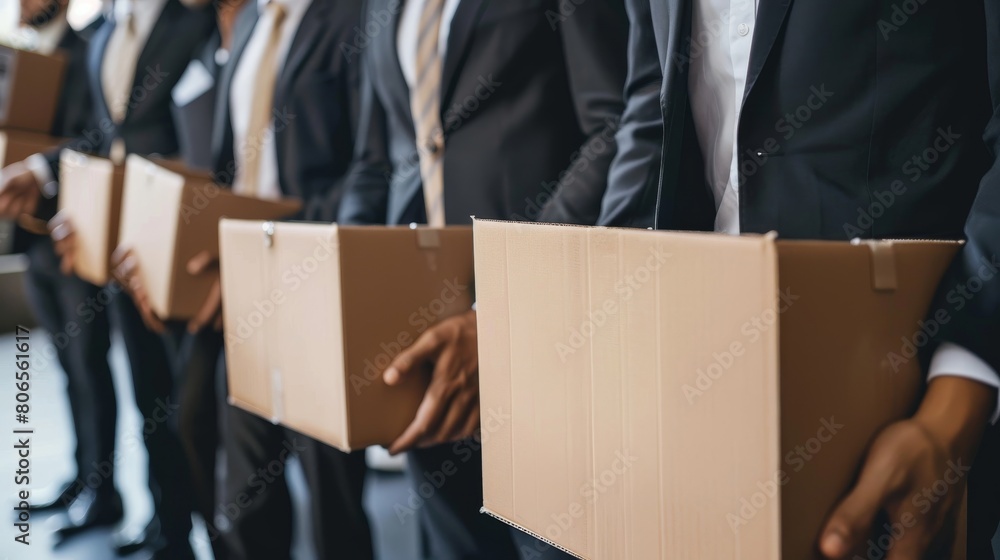 A line of businessmen holding cardboard boxes, waiting in unemployment line A line of businessmen holding cardboard boxes, waiting in unemployment line