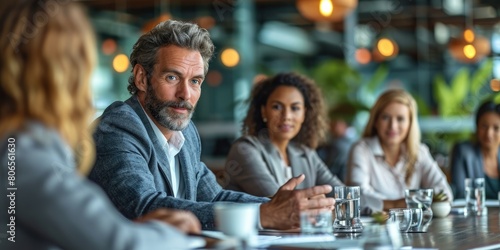 A group of people are sitting around a table having a meeting.