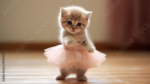 A cute kitten wearing a pink tutu is standing on its hind legs and looking at the camera. photo