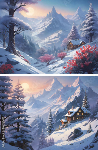 Beautiful fantasy winter mountain landscape with trees, fantasy flowers and timbered houses  - Illustration - generative AI