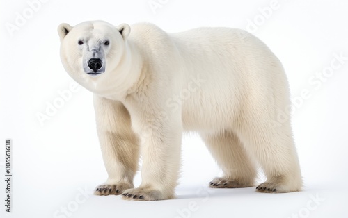 A large polar bear with white fur and black nose standing on a white background