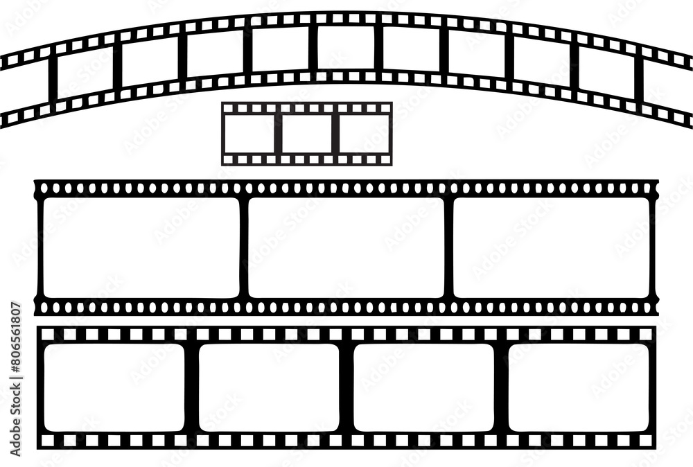 Photo film stripes for industry related banner or poster designing. Cinema strip roll, slide frame, photo video monochrome picture negative vintage media filmstrip icons.