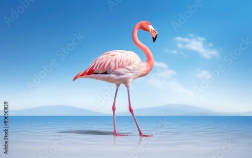 A pink flamingo standing in the shallows of a lake  with a blurred background of blue water and sky.