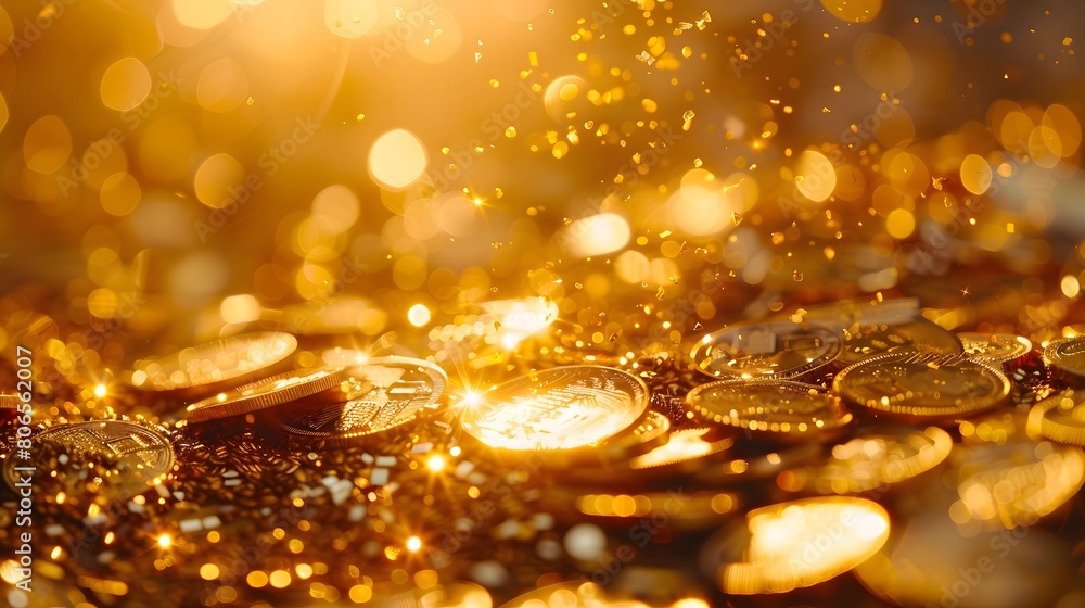 Gold coins, gold background, a pile of golden coins falling from top to bottom, gold light spots on the right side Gold coins, gold background, a pile of golden coins falling from top to bottom, gold light spots on the right side